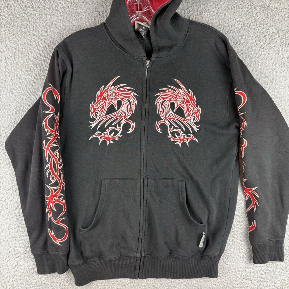 Silver Point Vintage Y2K Tribal Dragon Embroidered Zip-Up Hoodie Size Medium